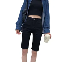 Spring Summer Thin Five-Quarter Denim orts Women's Elastic Bla Slim High Waist Cycling Mid-Pants Straight Leg Cotton Stretch