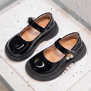 Girls Chic Leather Shoes Princess Sweet Black Mary Janes with Pearl Pendant for Wedding Party Back To School Dress Flats 26-36 1