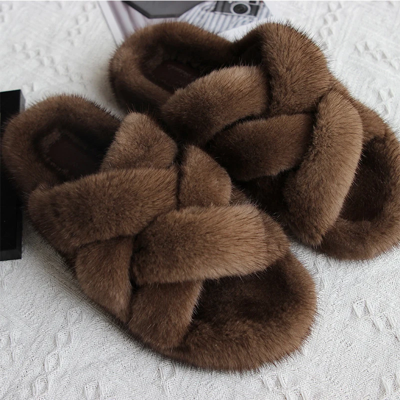 

Women Fur Winter Warm Furry Fur Slippers Fluffy Plush Shoes Home House Indoor Shoes Bedroom Slippers Female Ladies Round Toe