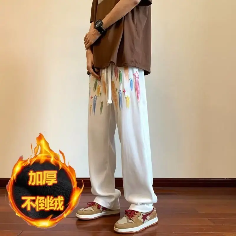 Autumn Winter New Elastic Waist Sweatpants Y2K Man High Street Casual Loose Printing Pockets Thick Warm All-match Straight Trous