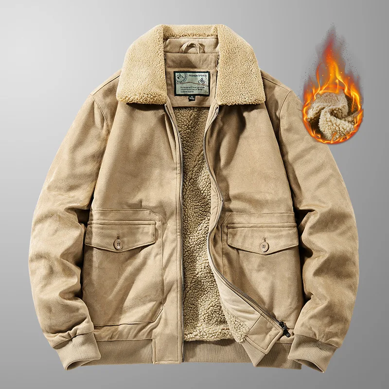 Autumn Winter Suede Jacket Fleece Men Luxury Fur Collar Leather Jacket Coat Male Thicken Warm Bomber Jacket Windbreaker Parkas
