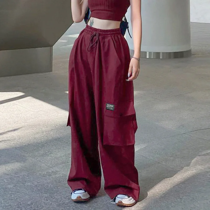 

Red Baggy Cargo Pants Drawstring Elastic High Waist Casual Pants Pocket Korean Fashion Sweatpants Streetwear Women Sport