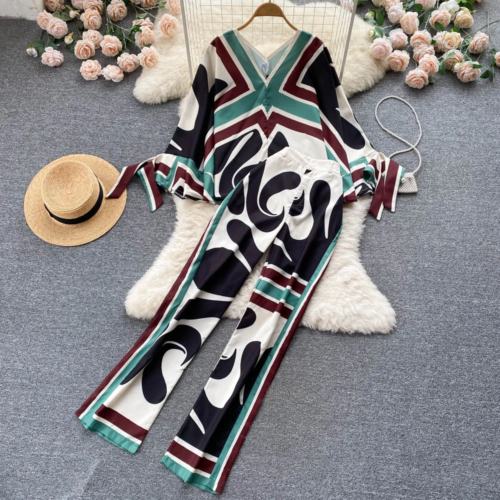 

2022 new loose cover printing suit women's high waist pants temperament casual fashion two-piece set