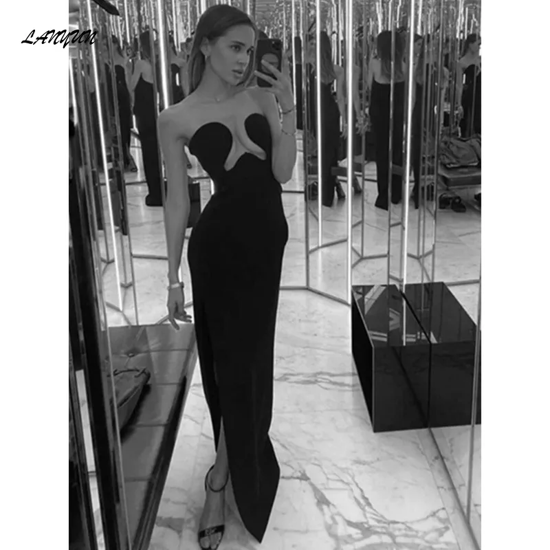 

Women Sexy Strapless Backless Split Black Maxi Long Bodycon Bandage Elegant Party Club women summer Evening dress Vestidos