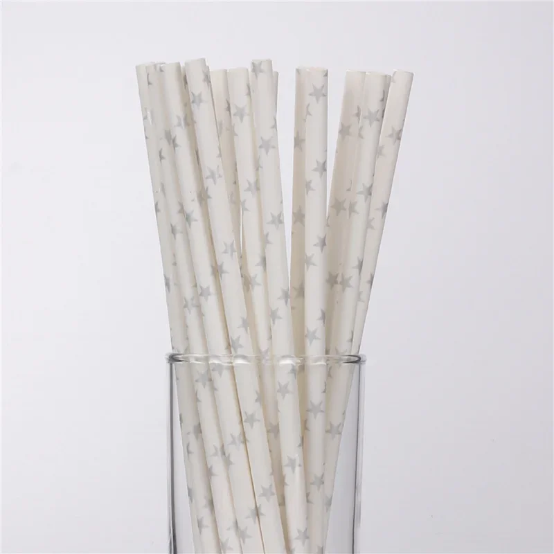Paper Straws, 50 Baby Blue and White Stripe Straws and Silver Star straws
