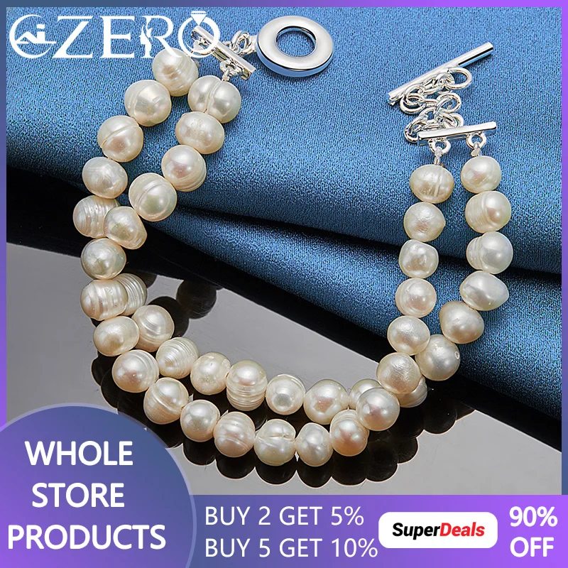 ALIZERO 925 Sterling Silver Double Row Artificial Pearls Bracelet For Women Wedding Engagement Party Jewelry Fashion Accessories