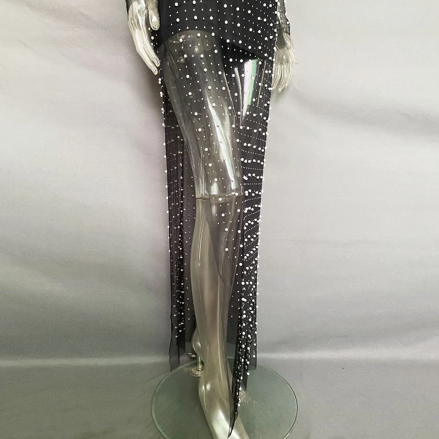 Vestido playero elegante de manga larga con perlas transparentes y decoración de diamantes para mujer, vestido playero liso dividido