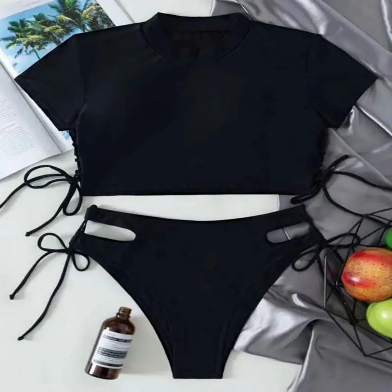 

Tankini Women Underwear Bra Swimming Suits Sexy High Waist Stripe Cutout Tight Bikini Summer Beach Swimwear Patchwork