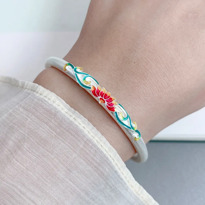 

Chinese Style Pure Silver 999 Enamel Colorful Lotus Bracelet Adjustable Ethnic Handmade Flower Bangle Jewelry for Women Girls