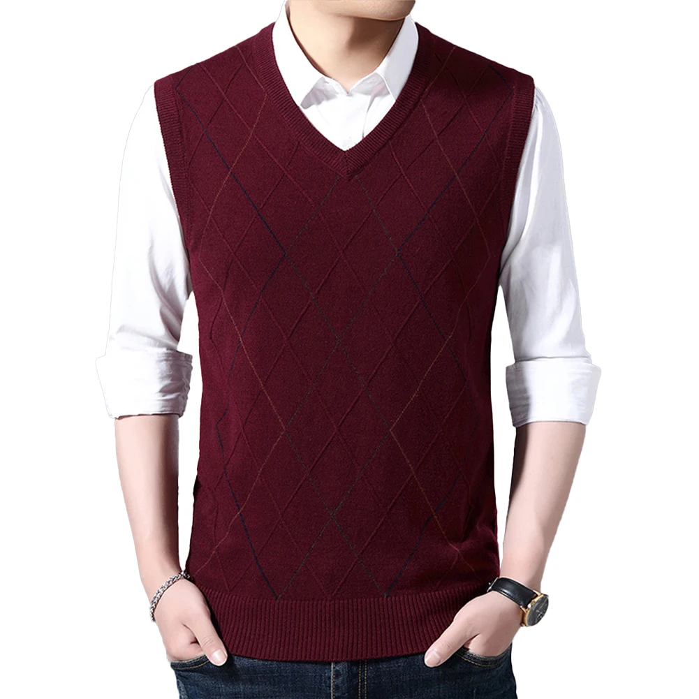 

Men's Sleeveless Pullover Sweater Vest Knitted Tank Top V Neck Casual Plaid Wool Blend Fabric Sweaters Vests