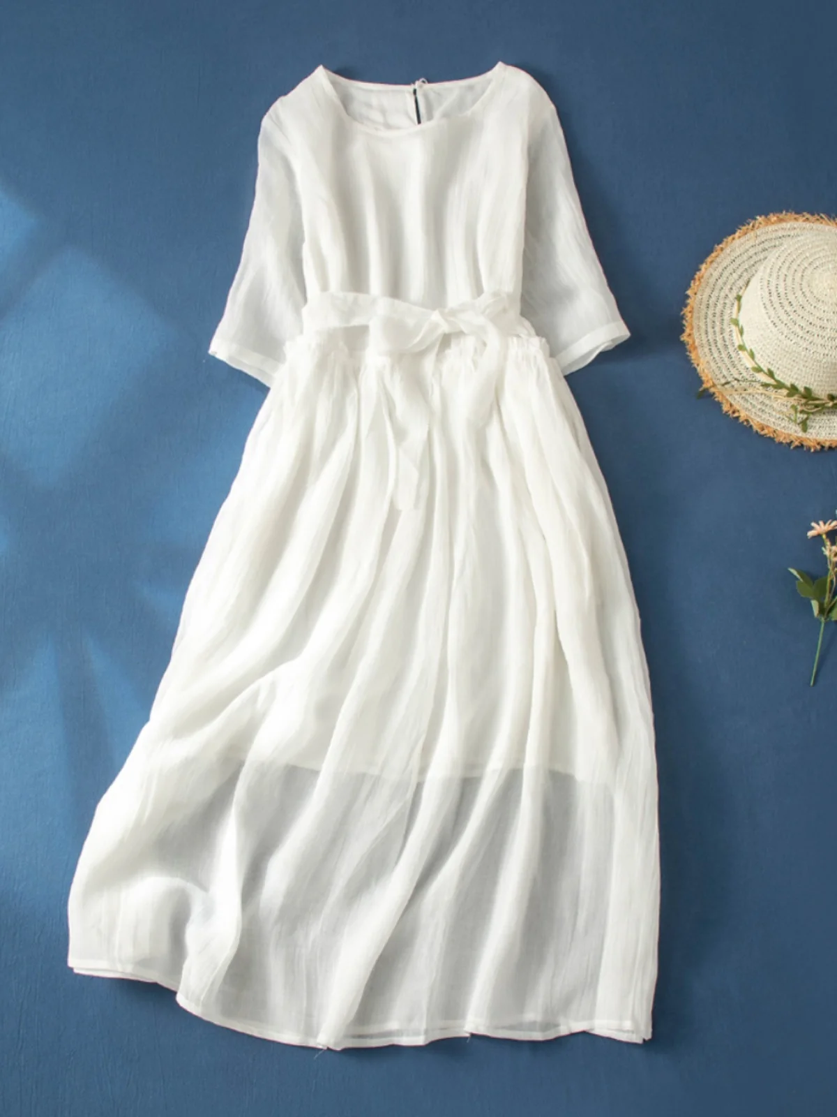 Summer Lightweight Cotton Lin ort Sve Dr Women Loose Waist A-Line Long Dr Retro Sle Belted Splice Loose Waist - Image 3