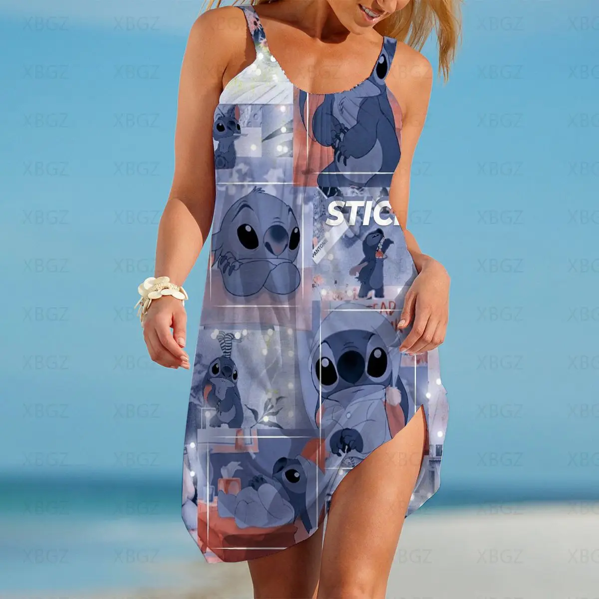 Stitch Summer Sundresses Beach Dress Cartoon Disney Slip Dresses Donna 2022 Sexy Backless Senza Maniche Print Boho Loose 5L