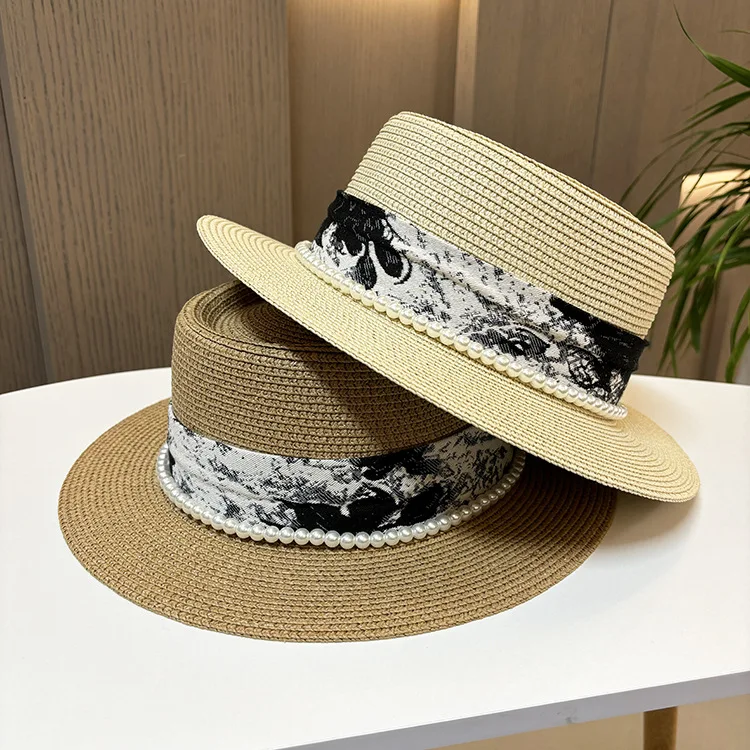 

White Pearl French Socialite Flat Top Hat Women'S New Summer Elegant Straw Beach Hat Sun Protection Sunshade Straw Fedora Hat