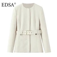 EDSA Women Beige Pants Set O-Neck Blazer Jacket Office Lady High Waist Fitted Flared Long Trousers Female Suits - Image 2