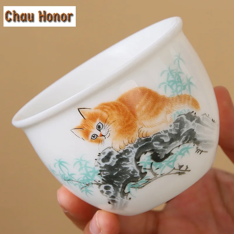 165ml Cute Cat Teacup Chinese Sheep Fat Jade Porcelain Cup Beautiful Tasting Cup Personal Master Tea Bowl Teaware Tea Ceremony