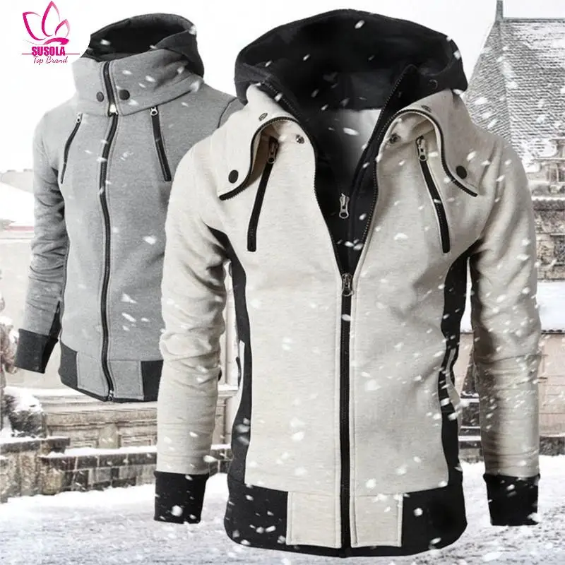 

New Trend Hooded Male Outwear Slim Fit Hoody Zipper Men Jackets Autumn Winter Casual Fleece Coats Bomber Jacket Scarf Collar