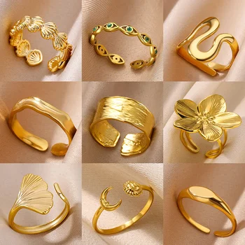 Anelli geometrici in acciaio inossidabile con texture minimalista per le donne Anello per coppia con apertura color oro Gioielli natalizi per matrimoni estetici 1