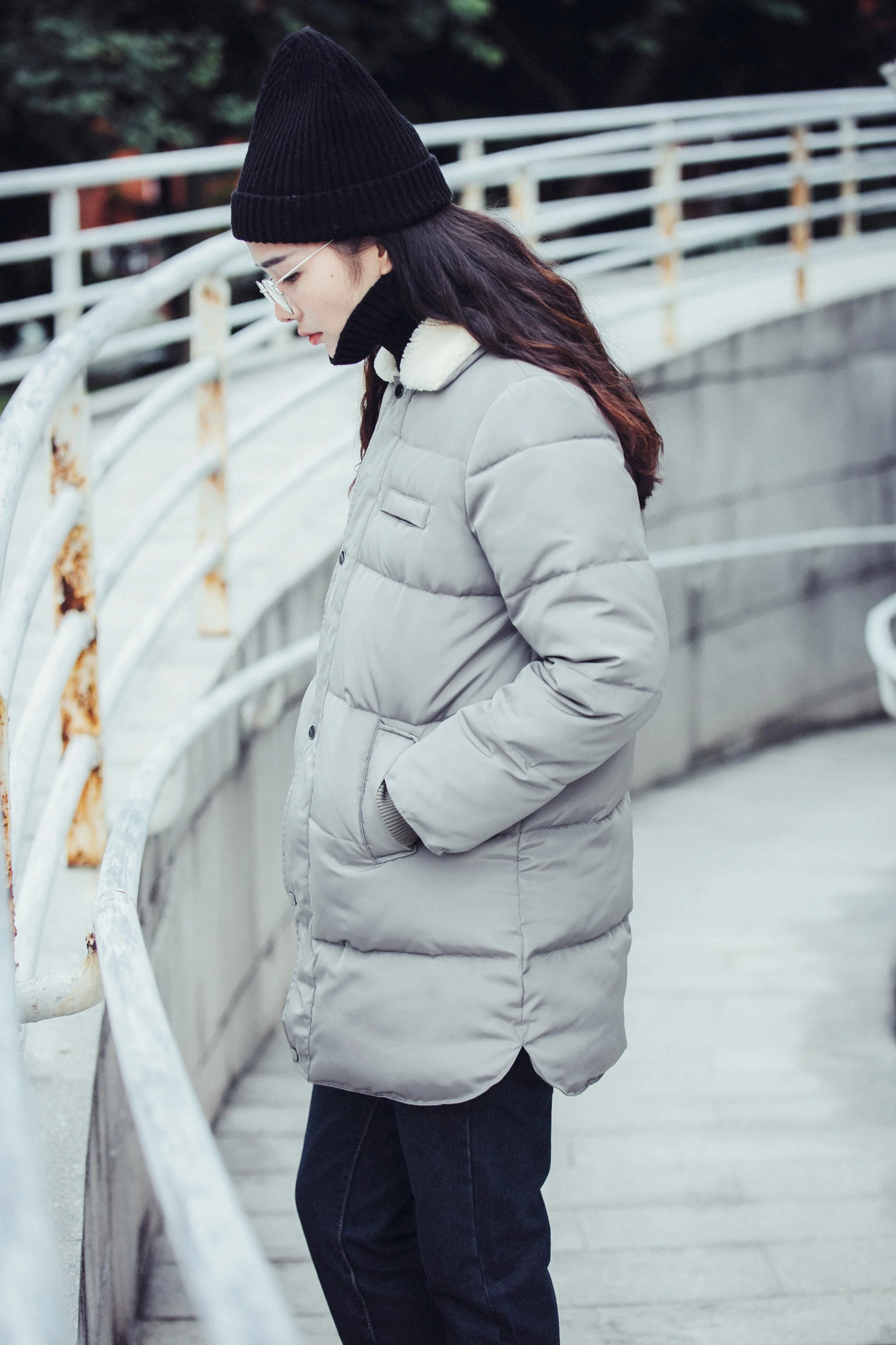 YUTU&MMn women's gray blue autumn and winter cotton coat mid-length jacket 301#