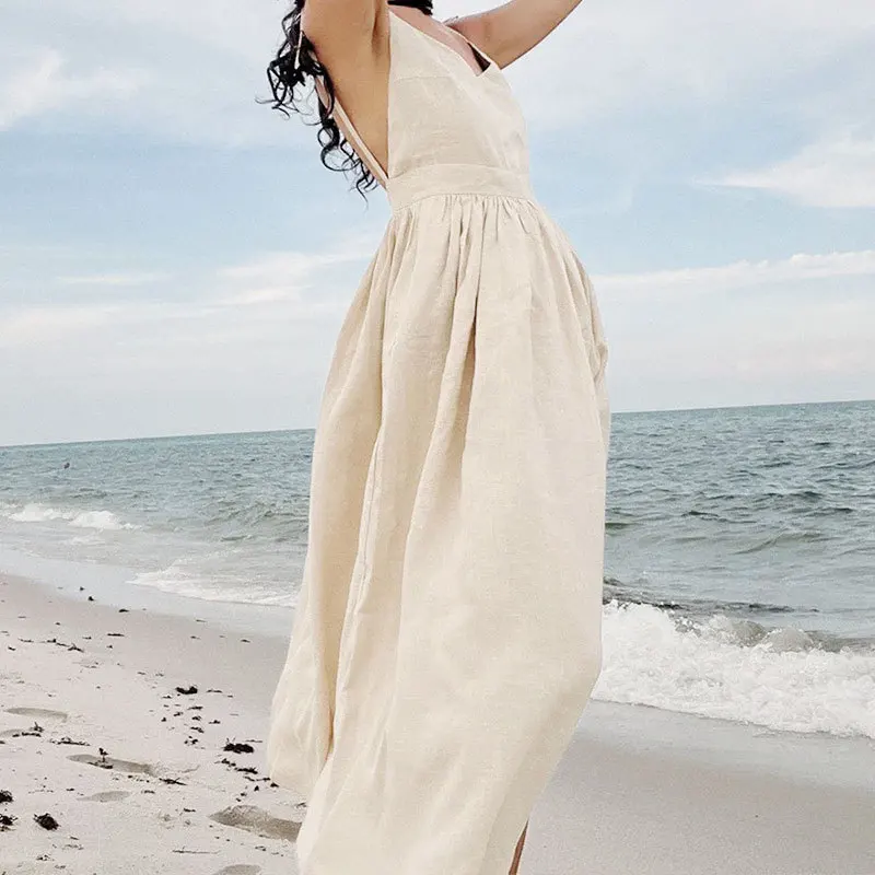 

Sleeveless Backless Long Dresses Women Summer Sexy Elegant V-Neck Solid Chic Holiday Beach Dresses Vintage Female Party Vestidos