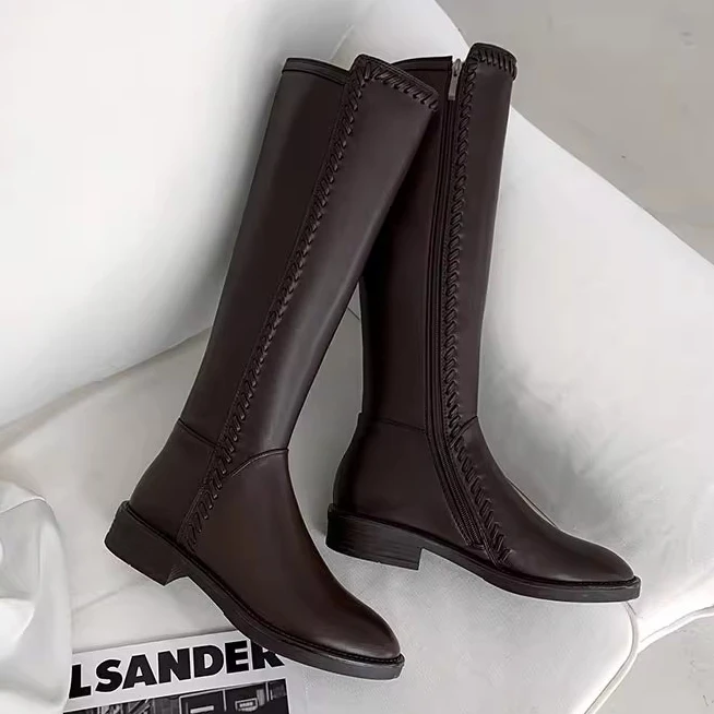 

Krazing Classics Concise Knee-high Boots Cow Leather Riding Long Boots Thick Heel Sewing Brand Warm Preppy Style goth boots