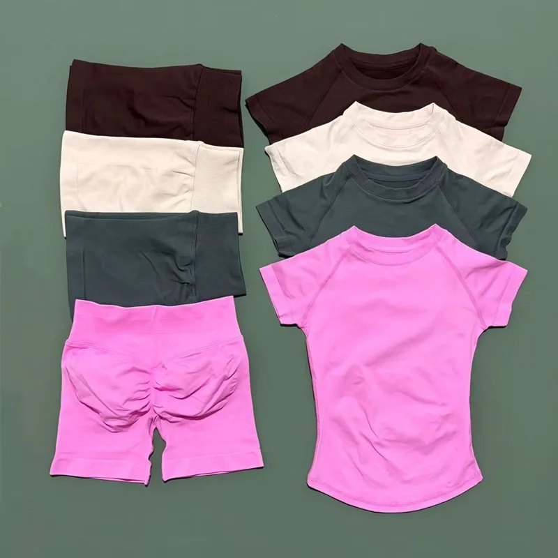 HISTELLO Impact – ensemble de gymnastique 2 pièces, vêtements de Yoga sans couture à manches courtes, ensemble de Fitness pour femmes, entraînement, course à pied, Leggings courts, costume