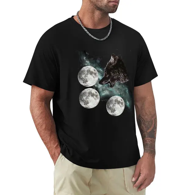 Camiseta de tres Luna y Lobo para hombre, ropa de anime de talla grande 1