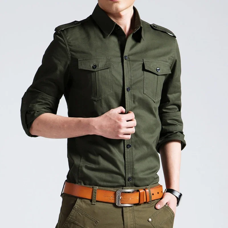 Camicia Tattica Uomo Manica Lunga In Cotone - Slim Fit Con Tasche Sul Petto - Camicia Militare Da Lavoro