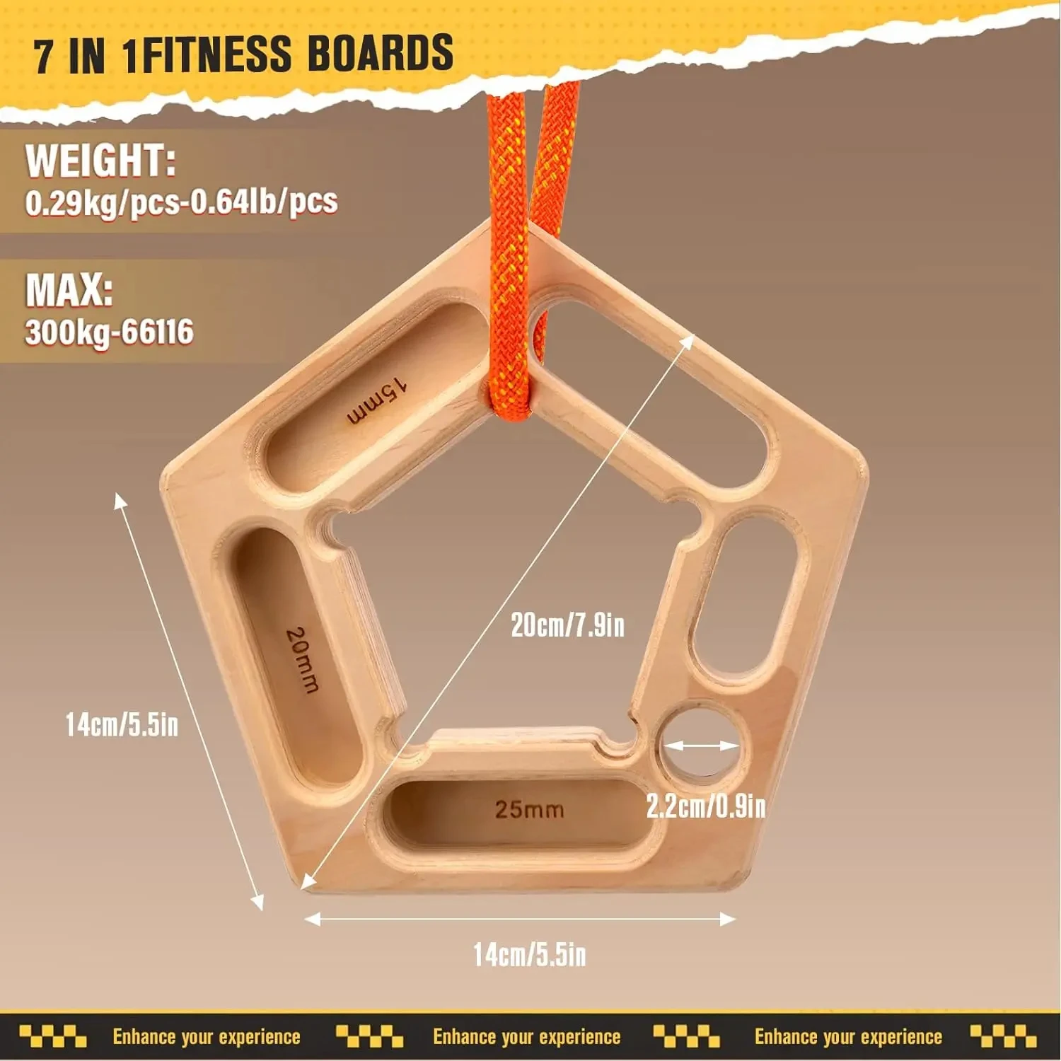 Hangboard Per Arrampicata - Tavola Da Allenamento Per Forza Delle Dita, Con Multiple Prese, Montabile A Porta O Parete, Legno Naturale - Foto 7