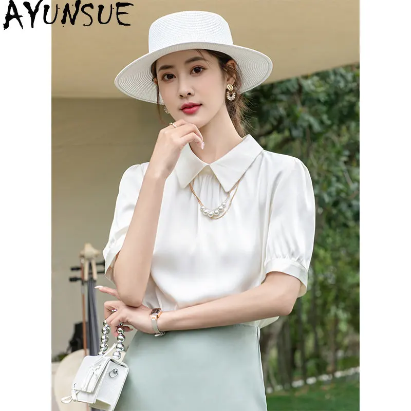 

Женская футболка с отложным воротником, Элегантная футболка из шелка тутового шелкопряда с коротким рукавом, лето 100%