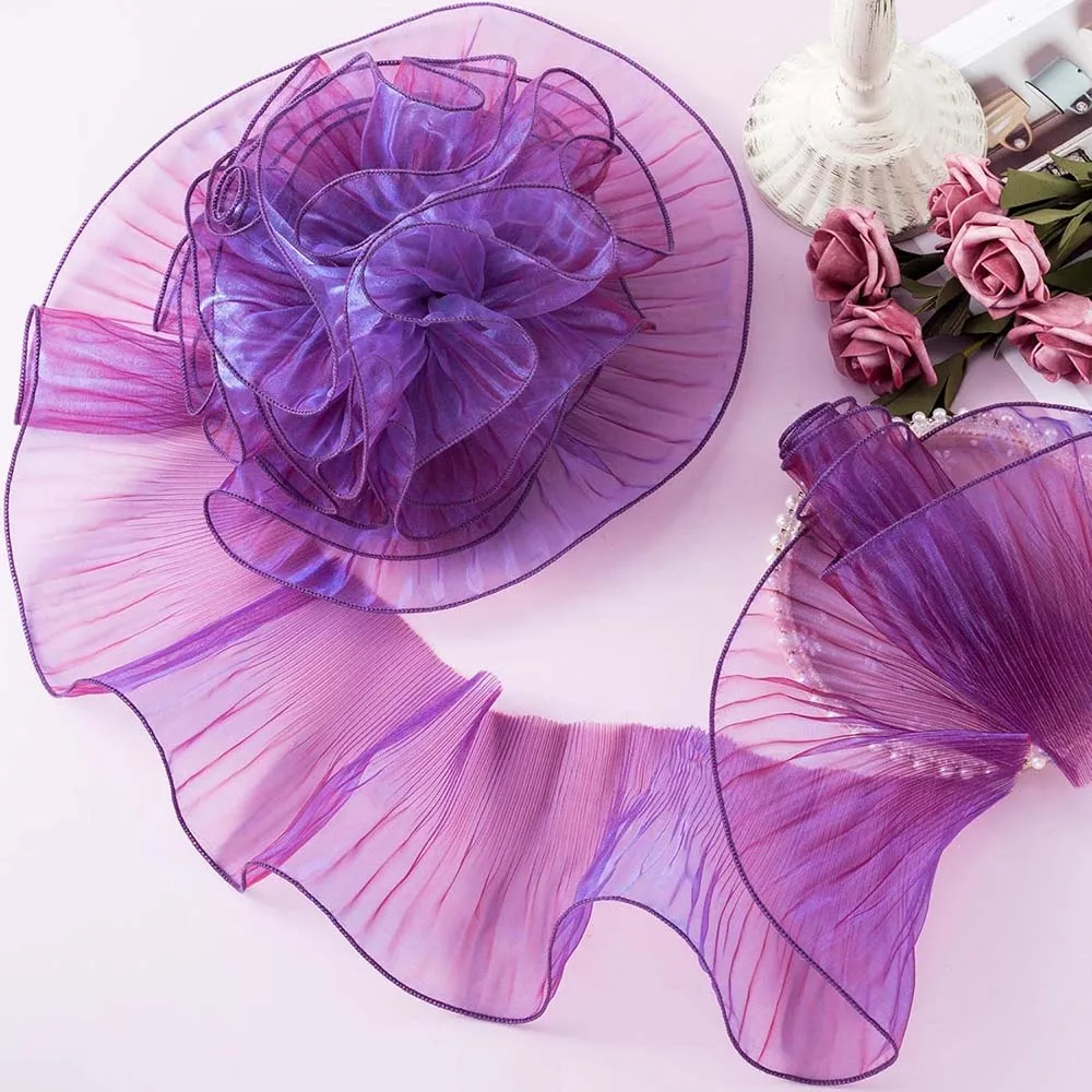2 Yards gerüschter, plissierter Spitzenstoff mit Farbverlauf und Organza-Bordüre zum Nähen und Dekorieren – Detail 2