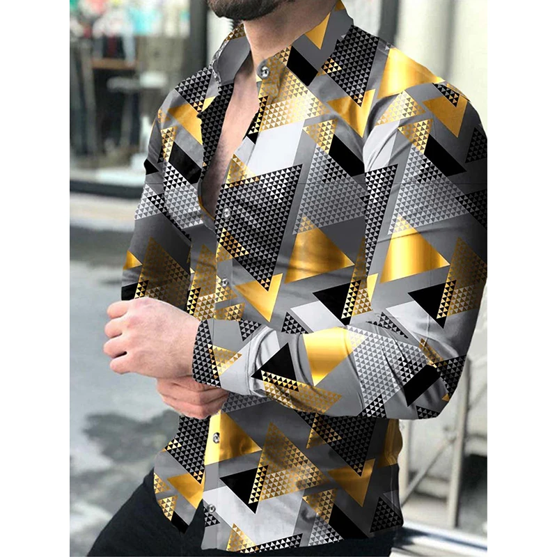 

Social Fashion Men Shirts Turn-down Collar Buttoned Shirt Casual Triangle Print Long Sleeve Tops Mens Clothes Club Prom Cardigan