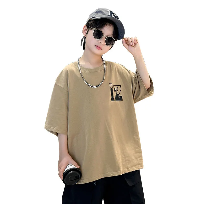 

2023 Summer Letter Print T-Shirt for Boys Kids Korea Casual Cotton Tops Teenage Children Short Sleeve Loose Top Tees 5 To 14Yrs