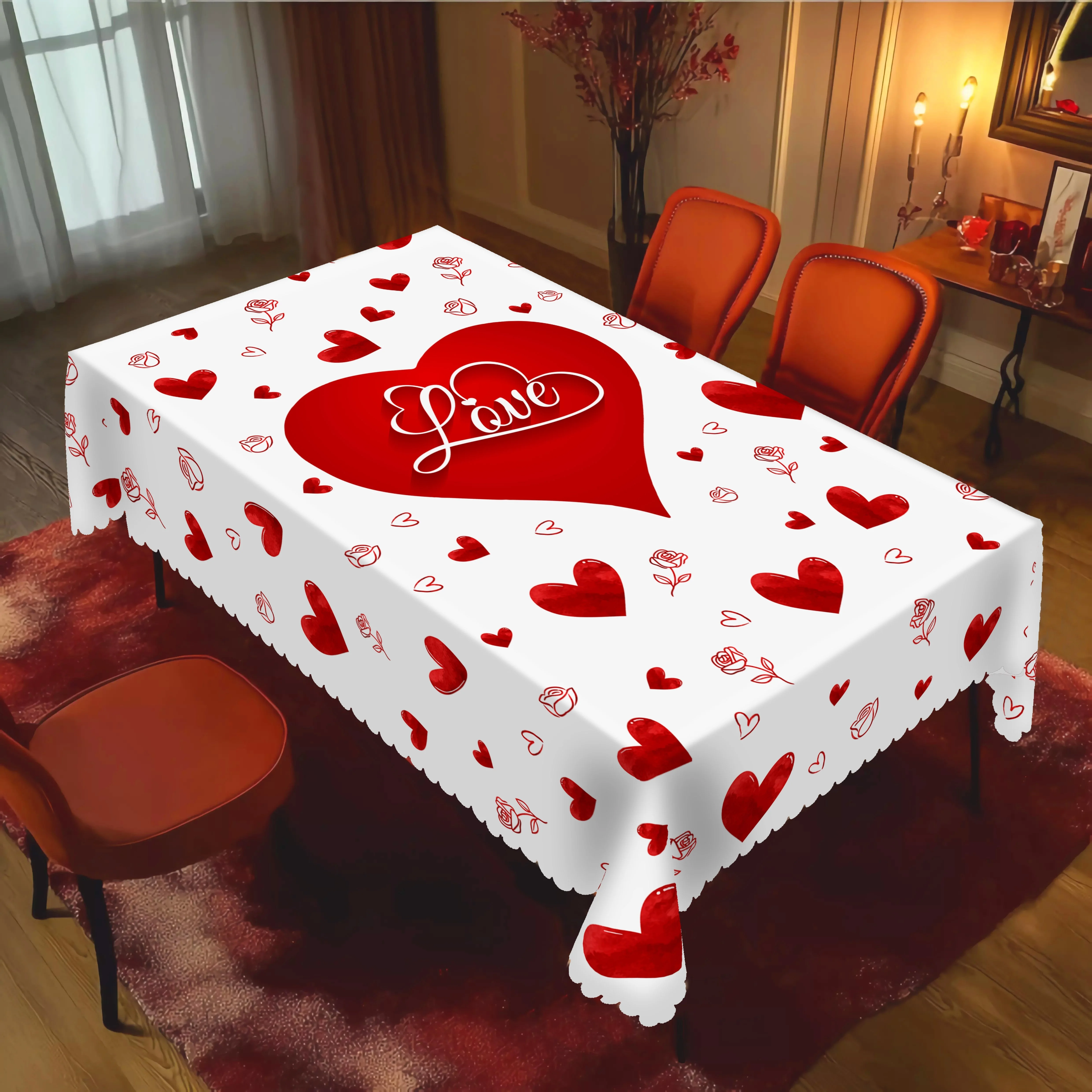 Valentine's Day Waterproof Tablecloth Wedding Party Decorations Red Love Heart Rose Print Kitchen Dining Table Cloth Home Decor