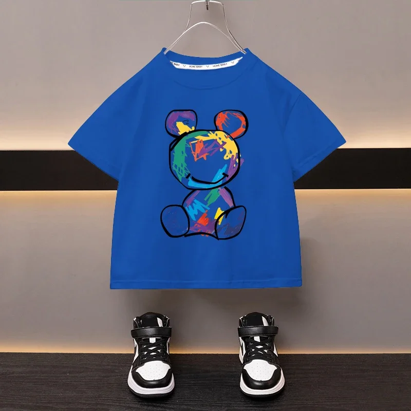 Boys Cotton T-shirt Cartoon Graffiti Bear Printed Girls Tees Summer Short Sleeve Children Tops High Quality Casual Kids Clothes 4