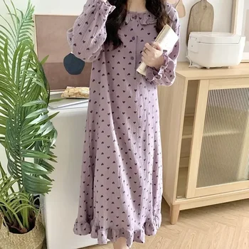 여성용 긴팔 피스 하트 잠옷, 홈 프린트 스타일, 한국 프릴 원피스, 원웨어 잠옷, 단추 잠옷, 가을
