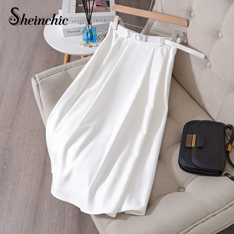 

High Quality Luxury Designer Skirts for Women 2023 Spring Summer Elegant Sashes A-line Midi Skirt Korean Style Faldas Para Mujer