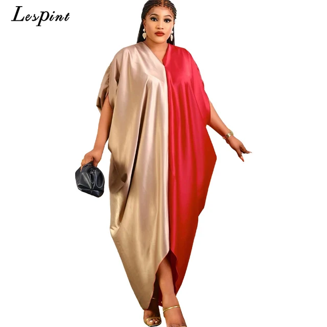 New Muslim Dresses For Women 2022 Stitching Color African Maxi Robe V-neck Print Short Sleeve Novelty Dress Kanga Clothing Bouou DR-801-2