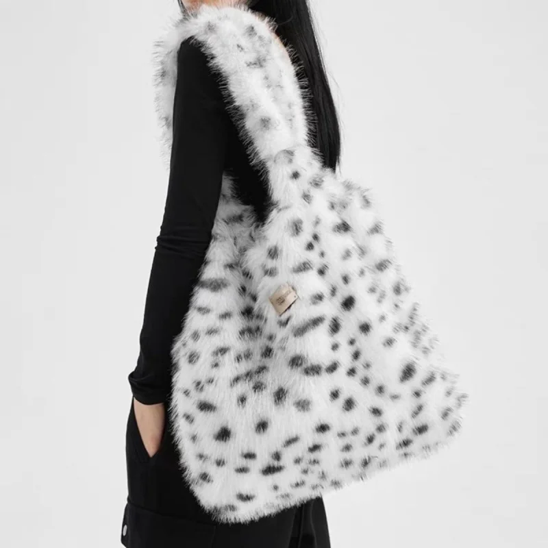Korean Fashion Fluffy  Women Faux Fur Leopord Shoulder Bag Tote Bags Large Capacity Winter Plush Handbag Soft Lightweight