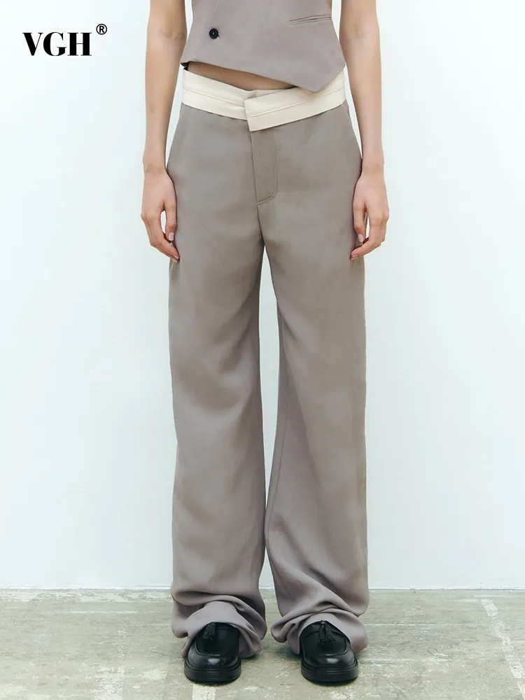 

VGH soild floor length pants for women high waist patchwork pockets stright loose wide leg pant female fashion clothig new style