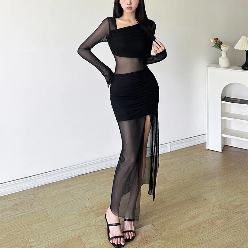 Black Dresses Women Elegant Solid Color See Through Round Neck Long Sleeve Split Party Dress Club Dresses Streetwear