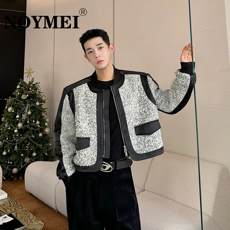 

NOYMEI Niche Contrast Color Design Men's Patchwork Short Coat Collarless Temperament Korean Style Male Jacket Chic WA4139