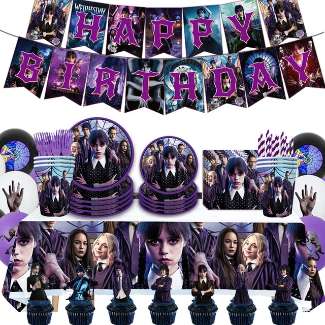 Wednesday Addams Theme Happy Birthday Balloons,Banner, Cake