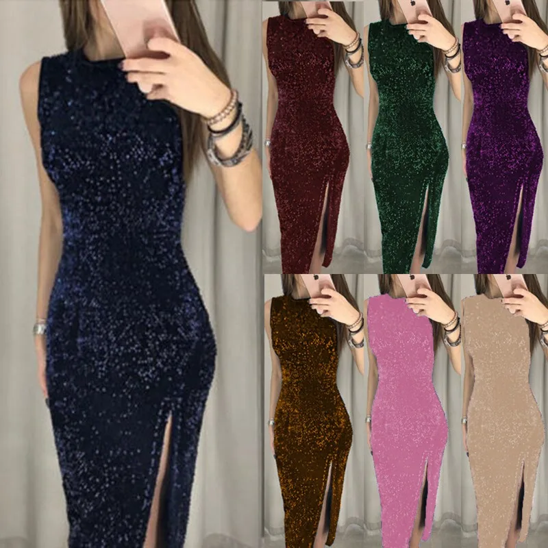 

2024 nightclub sexy women Sleeveless dress Fashion Sexy Ladies Solid dress irregular sequins open fork dress female