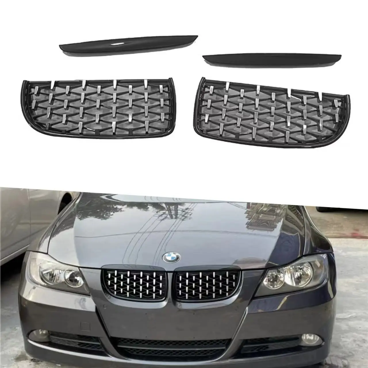 

Glossy Black Radiator Grilles For 2005-2008 BMW 3 Series E90 Front Double Kidney Racing Grilles Bumpers Body Kit Hood