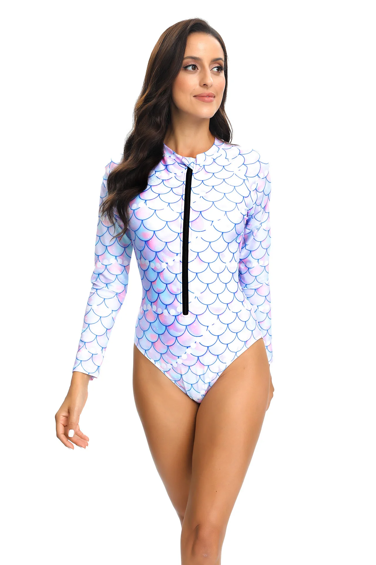 One-Piece Swimsuit for Women, Long Sleeve Bikini with Zipper, Fish Scale Print, Fashion Surfing Suit, Wire Less Swimwear