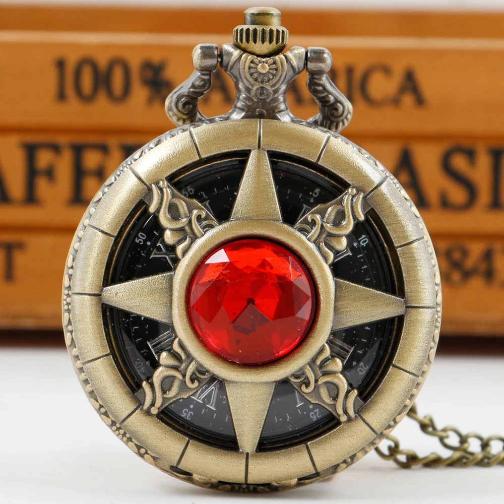 

New Fashion Red Gemstone Inlaid Quartz Pocket Watch Women's Vintage Elegant Jewelry Necklace Pendant Gift