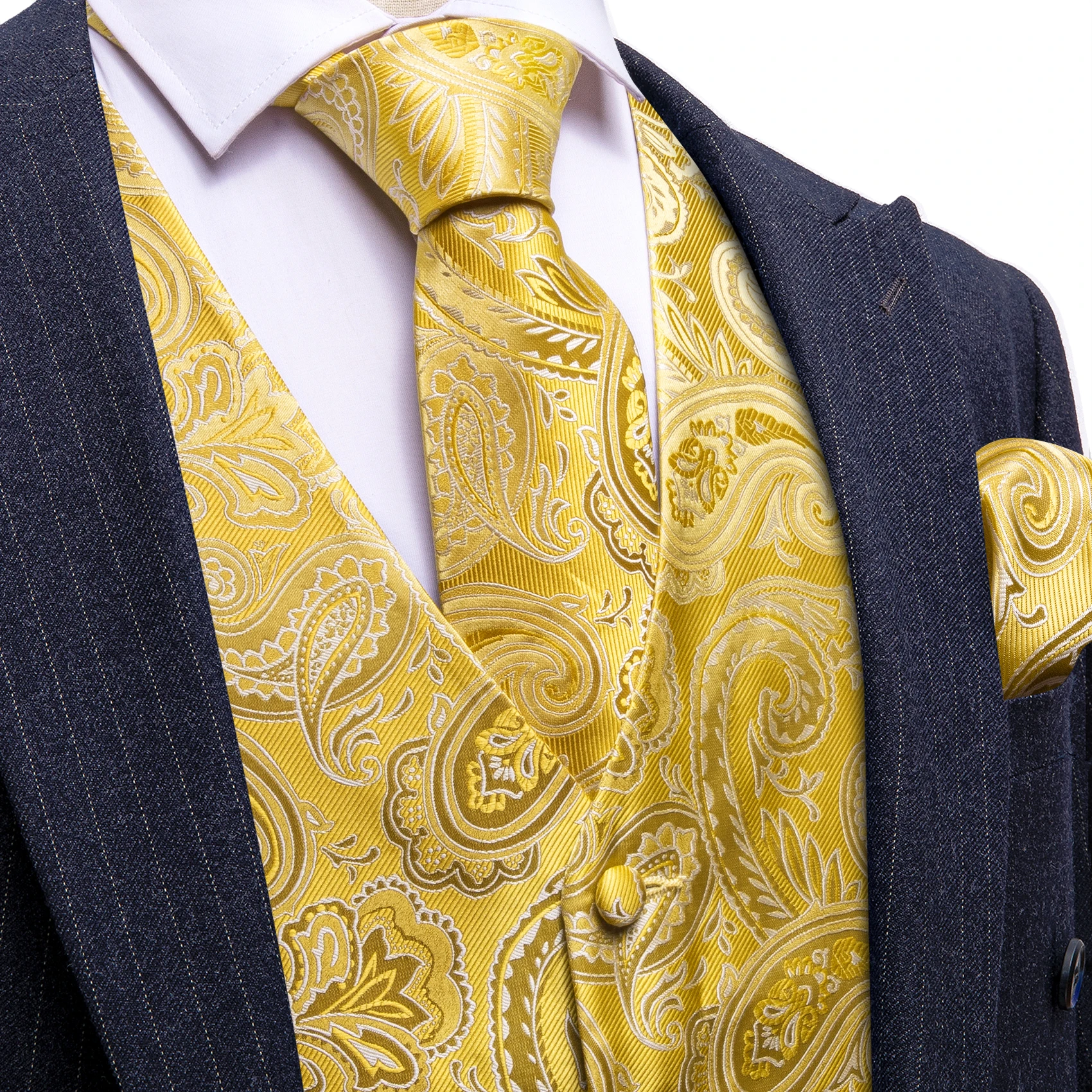 Barry.Wang Silk Men Vest Tie Hanky Cufflinks Set 100 Colors Jacquard Paisley Floral Waistcoat Sleeveless Jacket Wedding Business