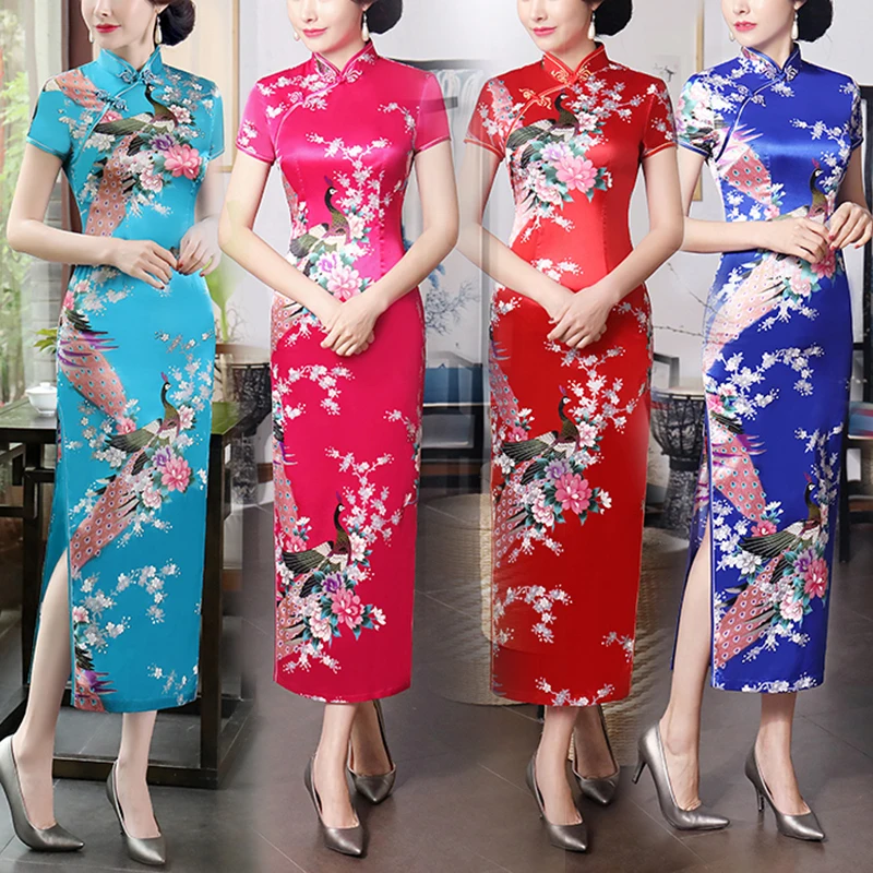 

Maxi Dress Cocktail Qipao Embroidery Floral Traditional Chinese Style Silk Satin Crane Print Long Short Sleeve