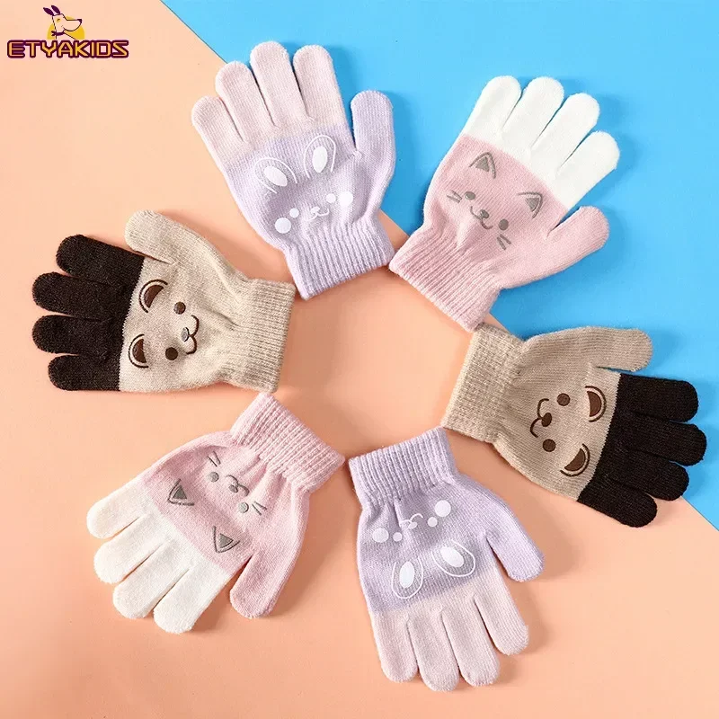 1Pair Cartoon Bear Bunny Pattern Winter Warm Gloves for Kids 3-7T Outdoor Playing Boys Girls