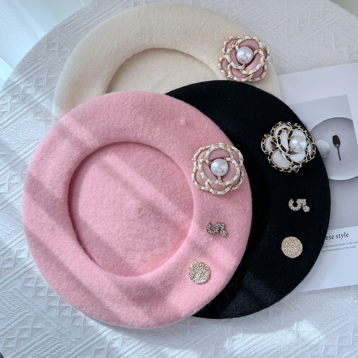 Brand Flower Wool Beret Winter Hat For Women Top Hats Girl Berets Female Daily Wear gorras para mujer